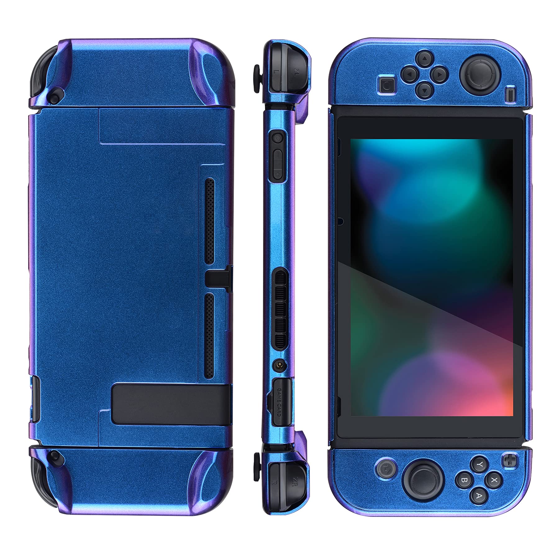 eXtremeRate PlayVital Glossy Back Cover for Nintendo Switch Console, NS Joycon Handheld Controller Separable Protector Hard Shell, Dockable Protective Case for Nintendo Switch - Chameleon Purple Blue