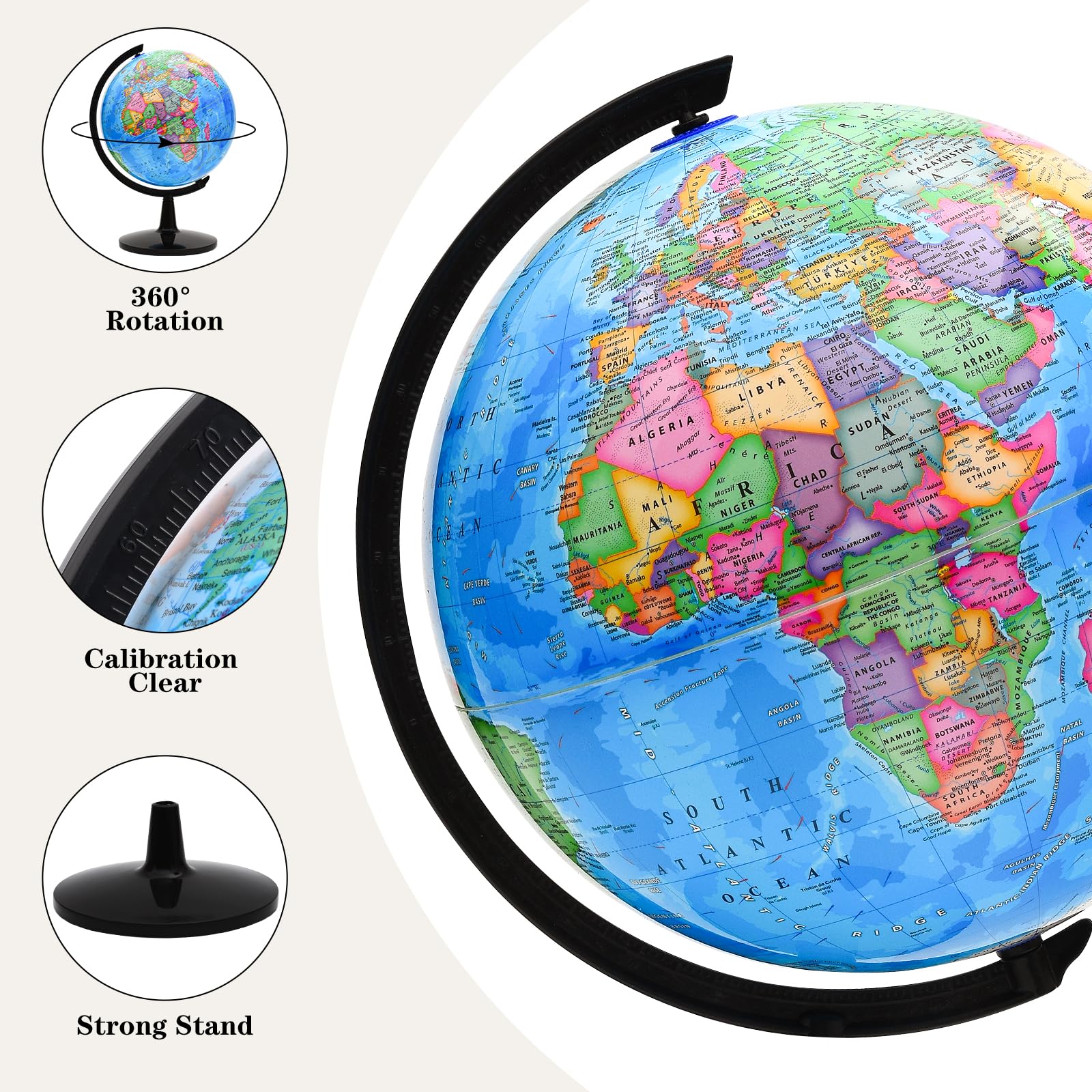 World Globe for Kids Learning, 12 inch Interactive Globe for Children with Stand, Self-Assembled Spinning World Globes for Adults, Decorative Kids Room, Students Desk, Classroom, Adults Office
