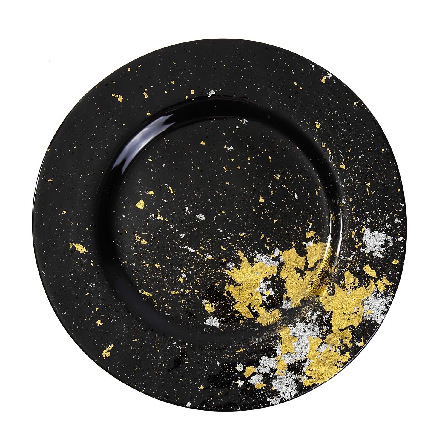 Syosaku Japanese Urushi Glass Dinner Plate Φ12.5-inch Jet Black with Gold Leaf, Dishwasher Safe