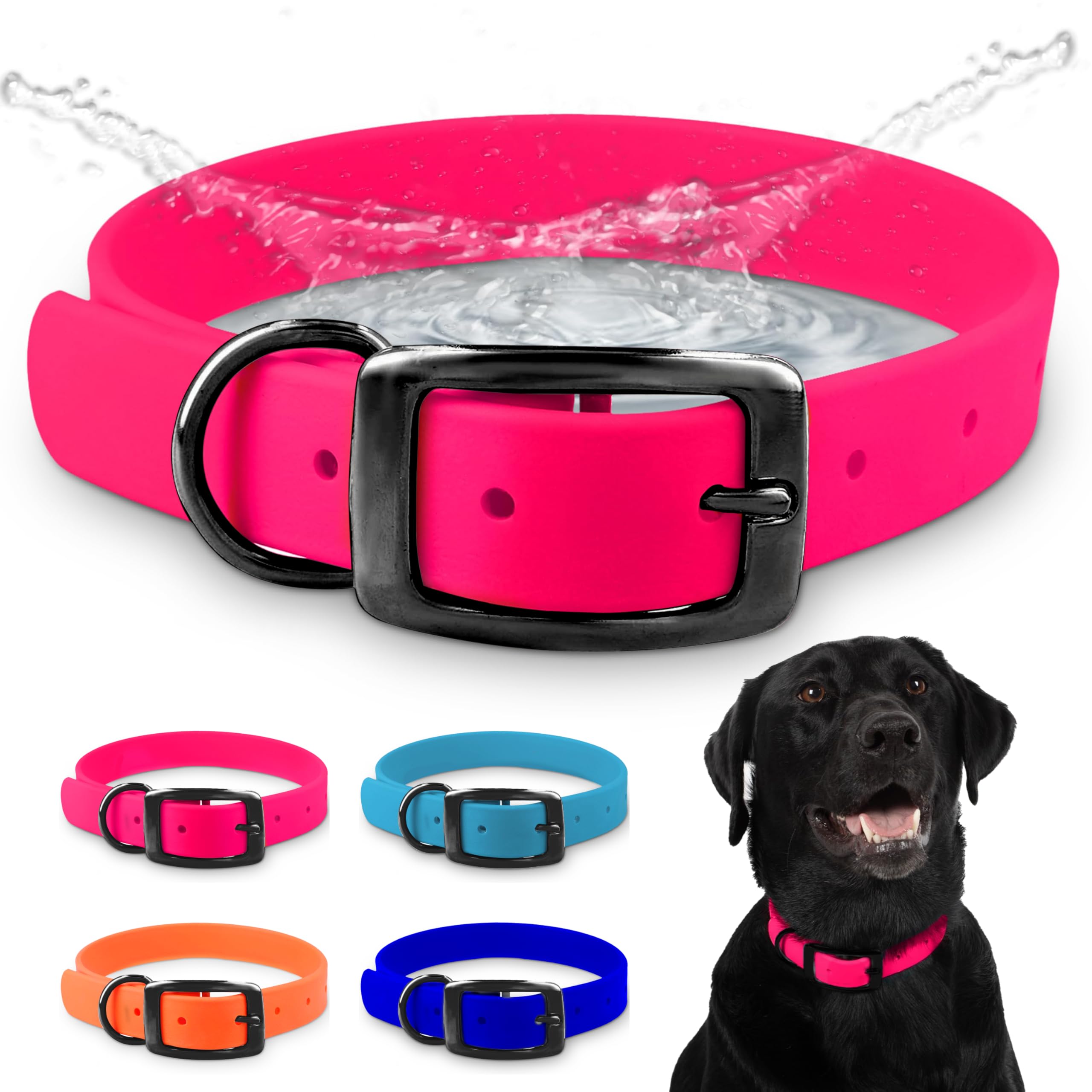 Small Pink Waterproof Hunting Dog Collar with Heavy Duty Black Hardware Buckle & D Ring | Custom Fit Vinyl-Coated Webbing Water Resistant Collar for Small, Medium & Large Dogs