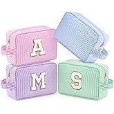 Sanwuta 4 Pcs Seersucker Makeup Bags with 26 Chenille Letters Striped Cosmetic Bag Sublimation Customized Name Travel Toiletry Pouches Wedding Gifts for Women, Bride, Bridesmaid, Initial A-Z