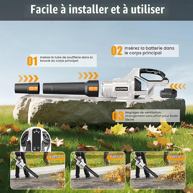 Souffleur de Feuilles sans Fil 21V, 2 Batteries 4,0Ah Incluses, 3 Vitesses Réglables, 2 Tubes de Soufflage Amovibles, Bandoulière – pour Jardin, Terrasse et Nettoyage Extérieur