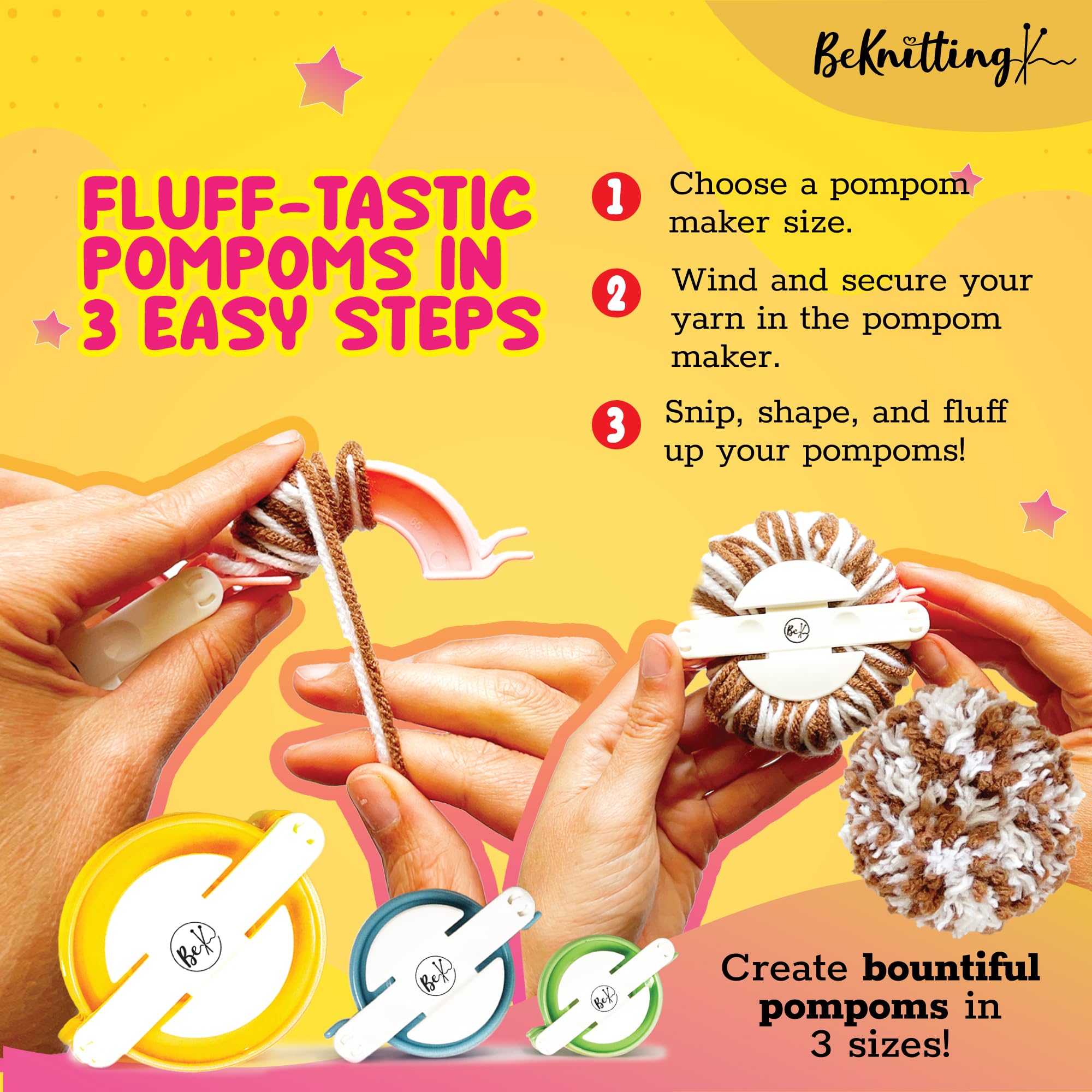 BeKnitting Pompom Maker DIY Craft Kit for Kids - Complete with Yarn, Pom pom Makers, & Stickers