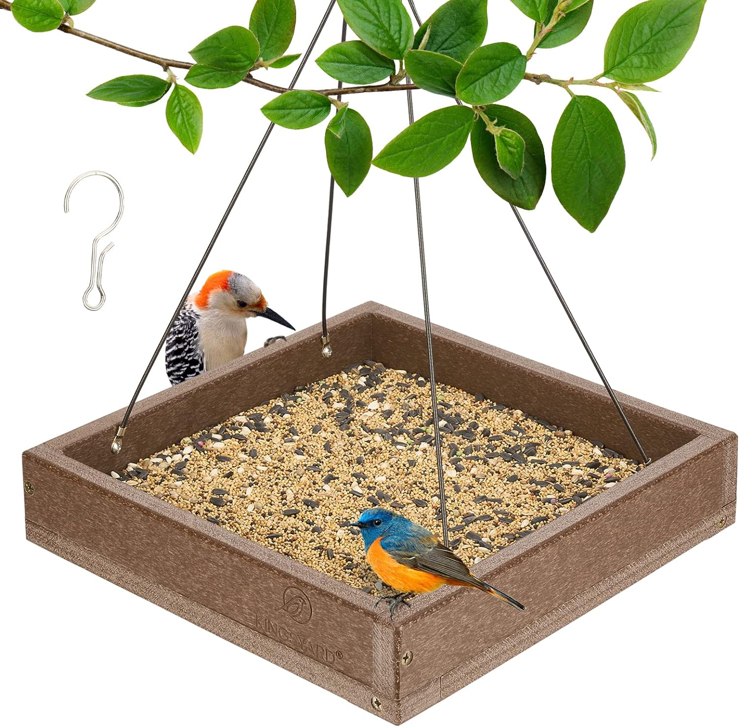 Backyard Birding & Wildlife - Kingsyard Platform Bird Feeder for Outside, Recycled Plastic Hanging Tray Bird Feeders with Large Capacity 3.5 lbs, Premium Quality & Durable, Great for Attracting Wild Birds, Brown
