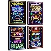 Video Game Decor for Teen Boys Gaming Wall Neon Sign Gamer Room Welcome Little Man Cave Teenage Bedroom Posters Decor Ready to Hang Set of 4, 8x10in (Framed)