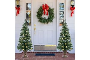 BAYN Set of 2 Christmas Trees with Lights 4-FT Artificial Urn Potted Porch Christmas Tree Battery Powered with 8 Modes and Timer for Indoor Outdoor
