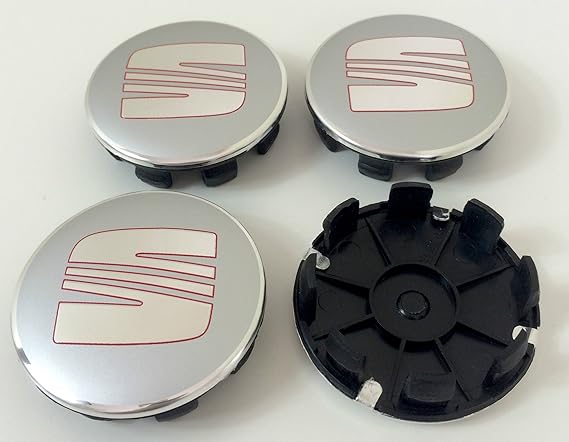 OE Group 1P0601165 Set von 4 Zierblenden aus Legierung für 4 Felgen von 63 mm, Logo von Seat in Silber und Rot, Farben: Chrom