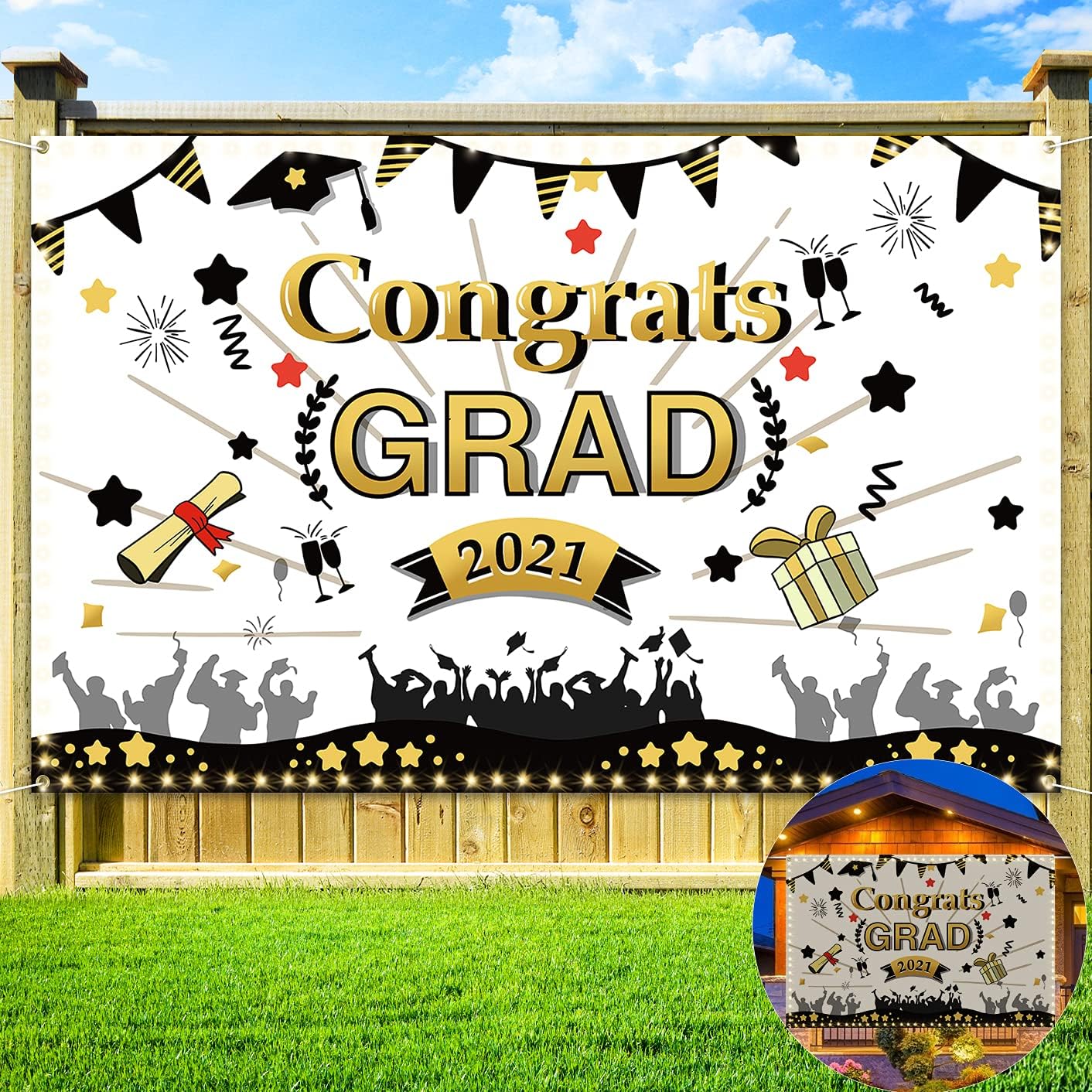 2022 Graduation Decorations - Graduation Banner with 60 LEDs String Lights & 12 Balloons, 73''x 46'' Large Fabric Congrats Grad Banner for Class of 2022 Graduation Party Backdrop Indoor Outdoor
