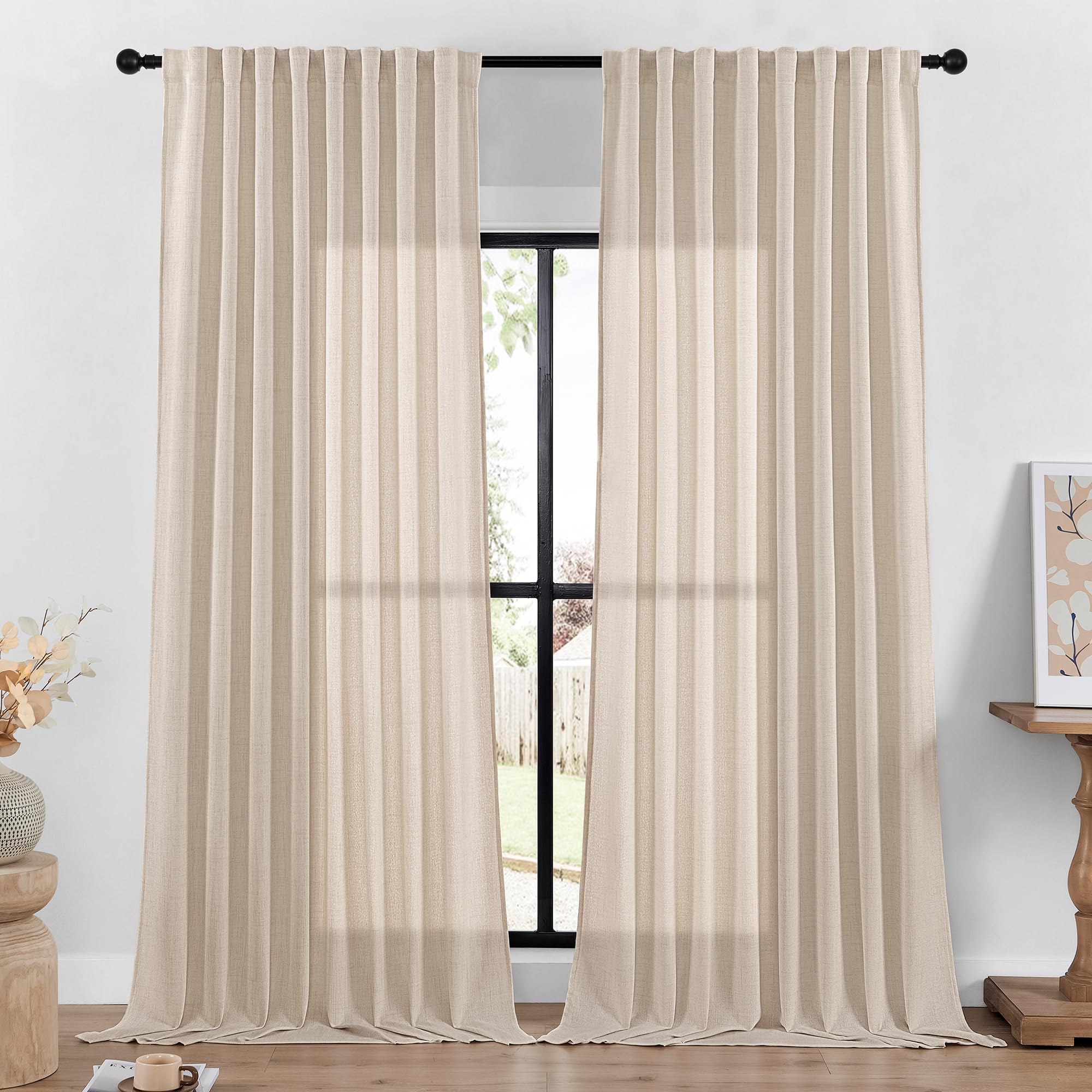 Photo 1 of DaysU Linen Curtains - 108 Inch Long, 2 Panel Set for Bedroom/Living Room, Oatmeal Semi Sheer Farmhouse, Rod Pocket, Light Filtering Privacy