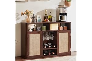 Lerliuo Rattan Wine Cabinet with 2 Doors, Boho Liquor Cabinet with Wine Racks, Farmhouse Coffee Bar Station for Living Room, Dining Room, Kitchen, Walnut