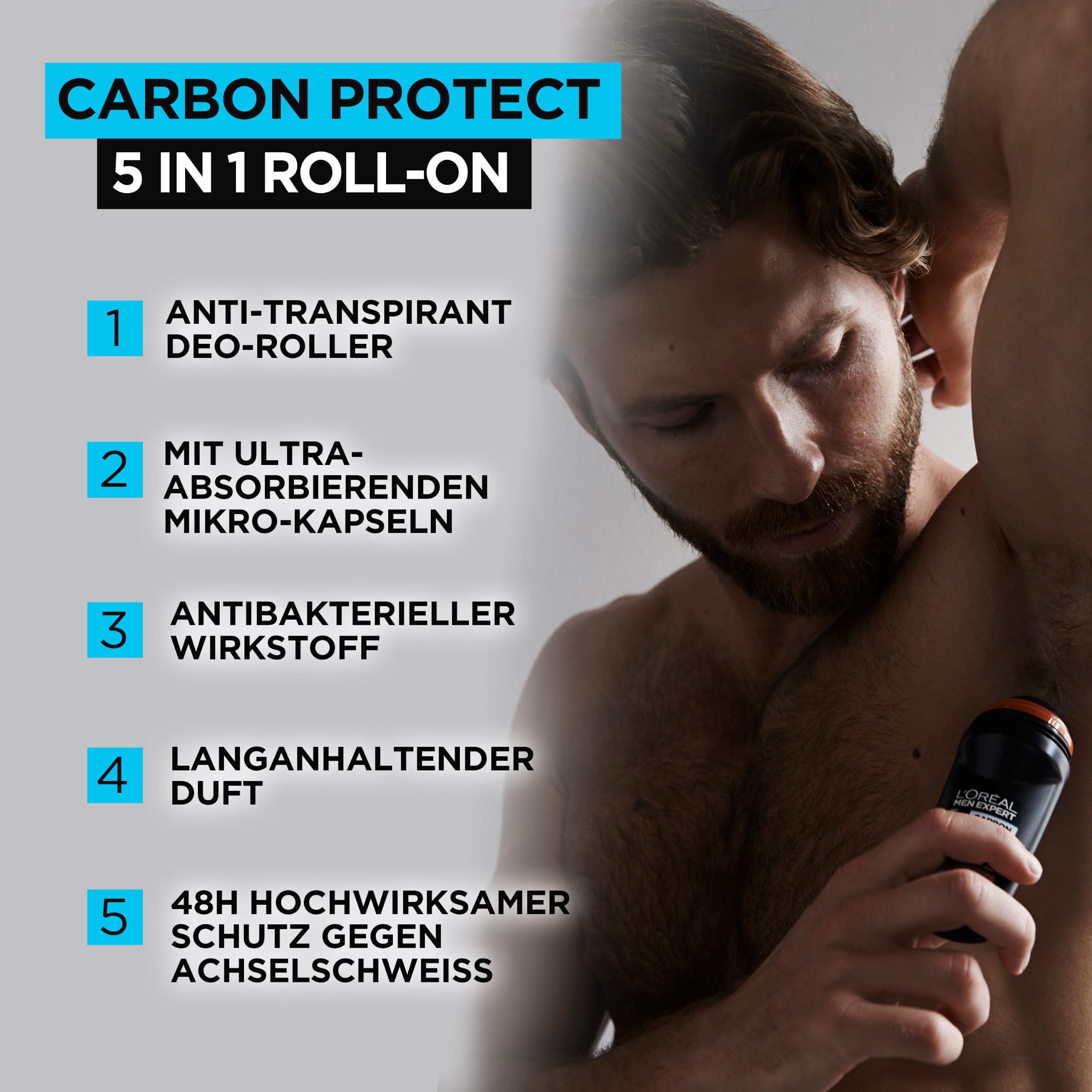 L'Oréal Men Expert XXL 5in1 Deoroller für Männer, Deo Roll-On gegen starken Schweißgeruch, Schwitzen, Achselnässe und weiße Rückstände, Herren 48H Deodorant ohne Alkohol, Carbon Protect, 1 x 100 ml 2