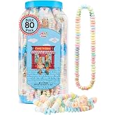 80 Candy Necklaces Individually Wrapped, Bulk Candy Choker Birthday Favors | Nostalgic pastel candy jewelry on a stretchy candy choker, party favors for goody bags, pinatas and birthdays, by 4YoreElves