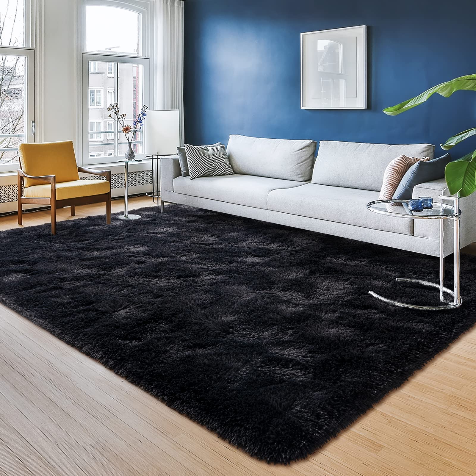 Photo 1 of Przemy Fluffy Rugs for Living Room Bedroom, Modern Soft Shag Fuzzy Carpet for Kids Nursery Boys Girls, 4x6 Throw Fur Non Slip Rug for Bedside Playroom Indoor Home Decor, Black