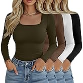 Riyiper 4 Pack Women's Square Neck Long Sleeve Tops Going Out Slim Fit Shirts Tight Layer Basic Tee 2026 Winter