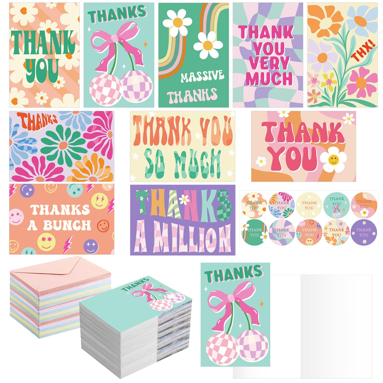 Moinchore 100 Pack Cute Thank You Cards Assorted Blank Appreciation Greeting Note Cards with Envelopes & Stickers, Ideal for Teachers, Coworkers, Thanksgiving, Christmas, Birthday, Bridal Gifts