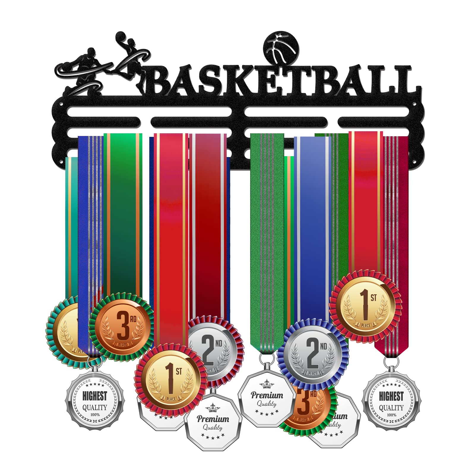 ORIGACH Medal Hanger Display - 40x15 cm 3 Rows Basketball Wall Mounted Medal Holder Hanging Medal Rack - Basketball Medal Frame - Display up to 40 Medals