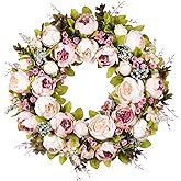 Front Door Wreath, 22 Inch Spring Wreath Handmade Peony Rose Door Summer Wreaths for Outdoor Front Door, Wall and Window Decor