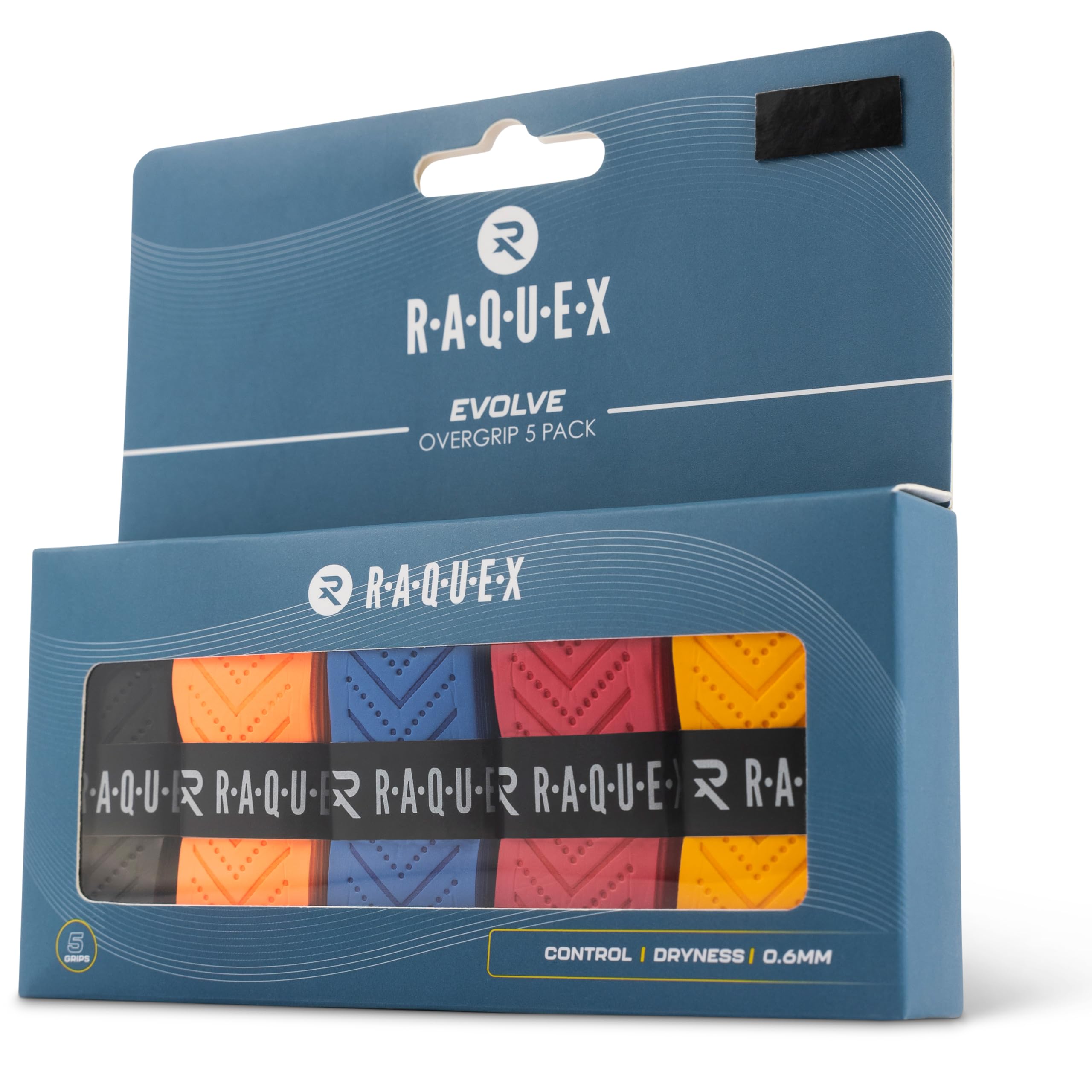 Raquex Evolve Racket Overgrip Tape - Tennis Racket, Badminton, Squash, Padel 5 Pack Multicoloured Racquet Over Grip - Durable, Soft, Anti Slip Overgrip – Recyclable cardboard outer packaging