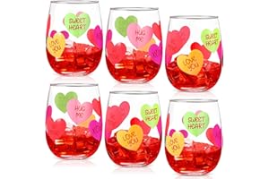 SiliFine 6 Pack Valentine's Heart Wine Glasses 15 oz Love Heart-Shaped Wine Glasses Pink Red Drinking Glass Colorful Conversa