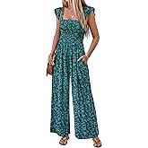 Ekouaer Womens Casual Jumpsuits Summer Boho Outfits Printed Smocked Wide Leg Vacation Jumper With Pockets S-XXL