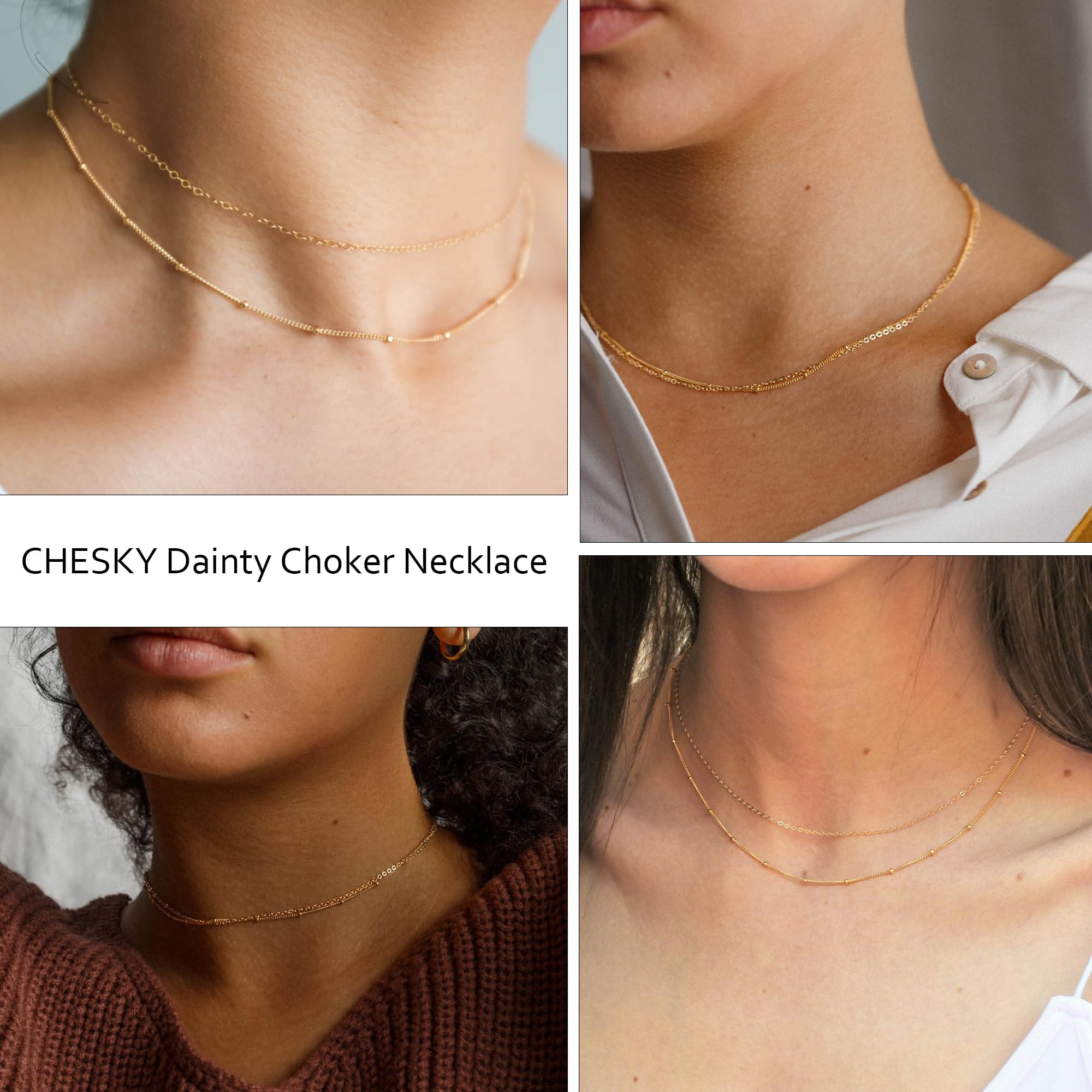 CHESKY 14k Gold Plated/Silver Plated Dainty Necklace for Women, Trendy Satellite Choker Necklace Thin Beaded Layered Choker Necklaces Discs Paperclip Chain Necklaces Womens Simple Jewelry