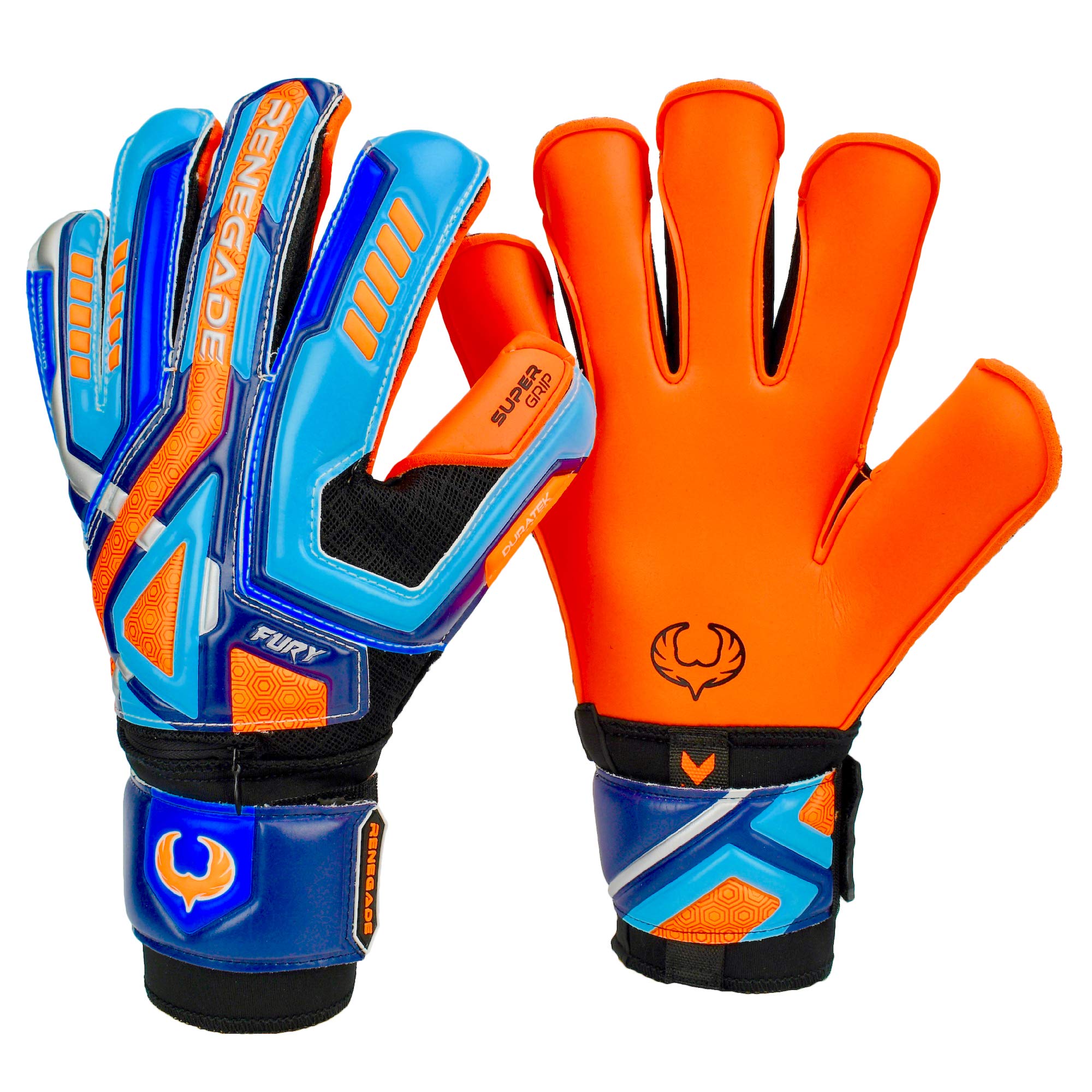 Renegade GK Fury Siege Goalie Gloves with Pro-Tek Finger Spines | 4mm Giga Grip & 4mm Duratek | Orange, Blue, Black Football Goalkeeper Gloves (Size 6, Youth, Roll Hybrid Cut, Level 4)
