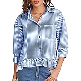 PEHMEA Women's Striped Button Down Shirt, 3/4 Sleeves Loose Fit Collared Blouse with Ruffle Casual Oversized Top