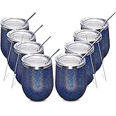 MEWAY 12oz/8 Pack Wine Tumbler Glasses with Lid - Stemless Double Wall Vacuum Stainless Steel Glitter Tumbler - Keeping Cold & Hot Cup for Coffee,for Women(Rainbow Navy,Set of 8)