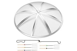 Baitedelai Fire Pit Spark Screen 27 Inch Round, Heavy Duty Stainless Steel Outdoor Fire Pit Screen Cover with Foldable Hook & Fire Safety Gloves, Mesh Spark Protector for Backyard, Camping, Beach
