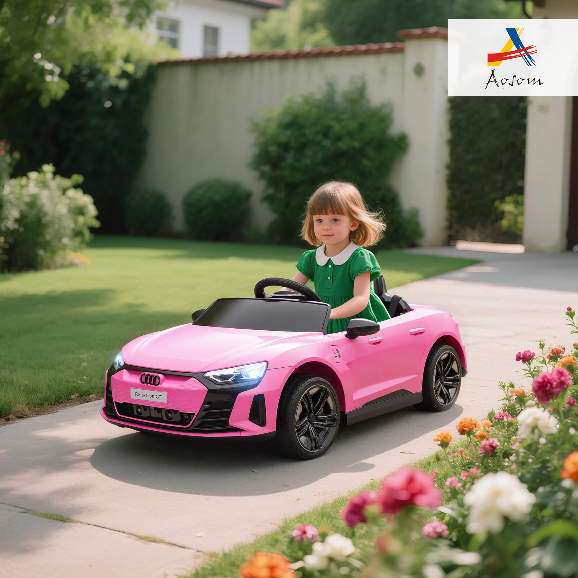 Aosom Electric Car for Kids, 12V Licensed Audi RS E-tron GT 3.1 MPH Kids Ride on Car, Ride-on Toy with Remote Control, 4 Suspension Wheels, Horn, Music, Lights, for Boys and Girls, Pink