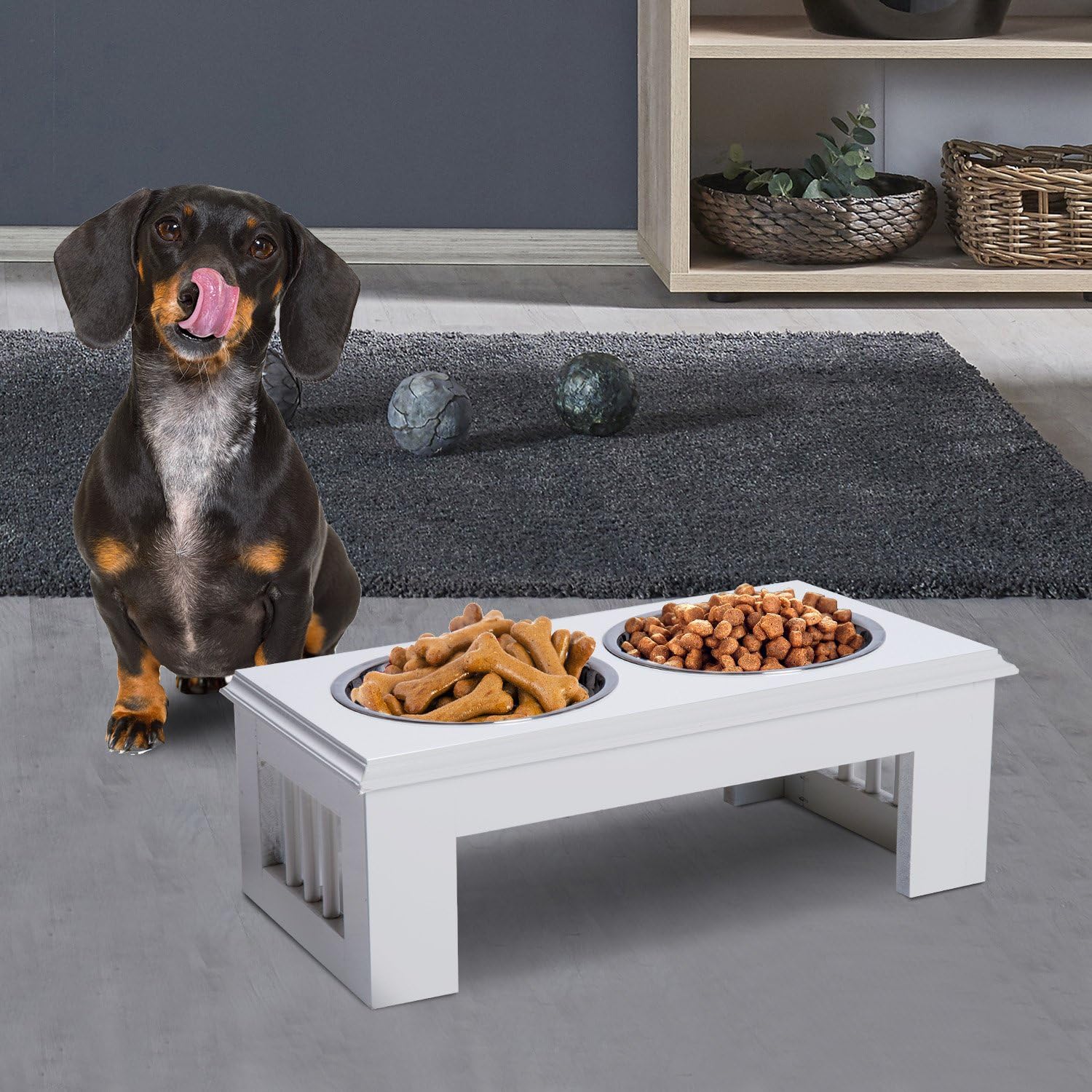 pawhut Stainless Steel Raised Dog Feeding Bowls with Stand for Extra Small and Small Dogs Elevated Twin Pet Bowls Water Food Feeder 44L x 24W x 15H cm - Image 4