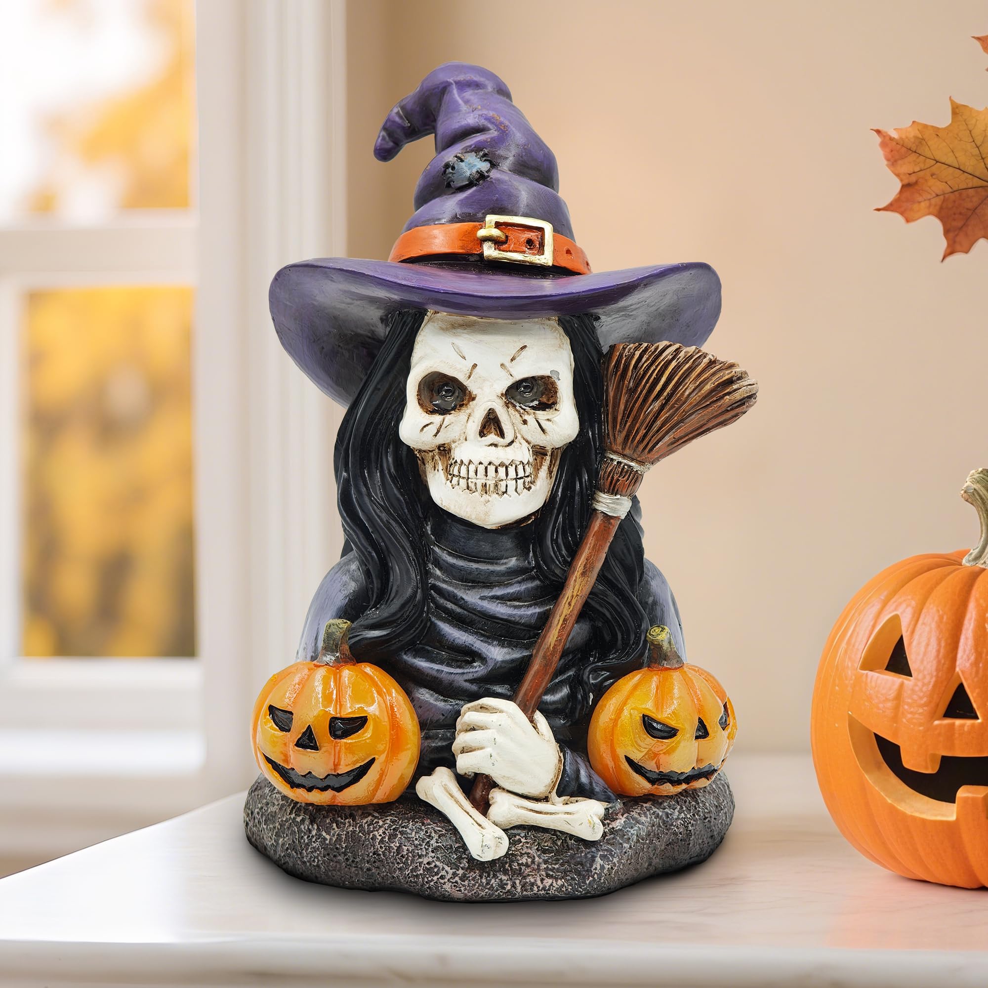 Photo 1 of *SMALL*

CFFOWNUG Halloween Witch Skeleton Decoration: Skeleton Indoor Ornament with Solar Eyes & Pumpkins for Home Fireplace Office Party Perfect Figurine Gift for Gothic Lovers