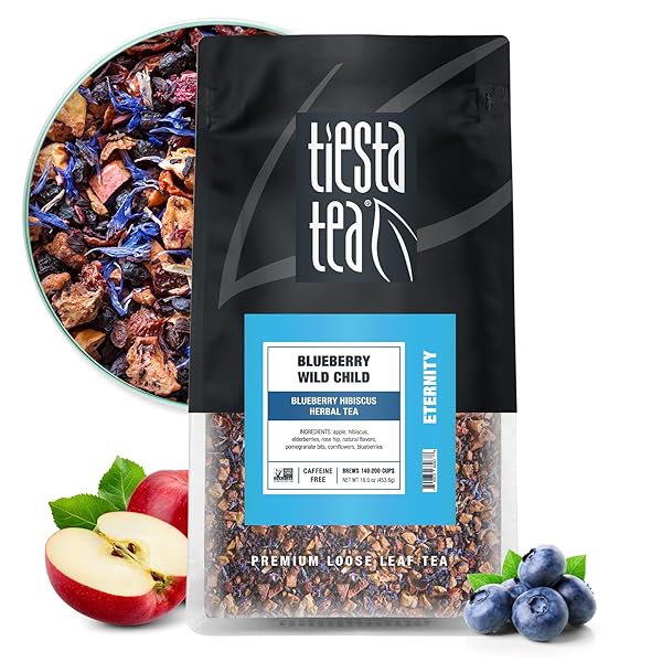 TIESTA TEA BLUEBERRY WILD CHILD, LOOSE LEAF, BLUEBERRY HIBISCUS HERBAL TEA, PREMIUM NON-CAFFEINATED BLEND, MAKE HOT OR ICED, BREWS UP TO 200 CUPS, 16 OUNCE RESEALABLE BULK POUCH