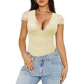 Saslax Women's Sexy Deep V Neck Short Lace Bodysuit Double Lined Body Suit Thong Going Out Tank Tops