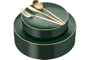I00000 150Pcs Green Plastic Plates with Gold Rim, Fancy Christmas Plates,Green Disposable Plates Set include 30 Dinner Plate,30 Dessert Plate, 90 Plastic Silverware Set for Christmas,Tanksgiving