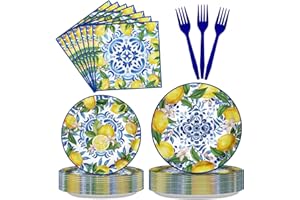 NOCKLARY 50 Guests Capri Lemon Party Plates Blue and Yellow Tableware Set Decoration, Italy Amalfi Coast Party Positano Themed Party, Summer Fruit Party Supplies for Party Birthday Decorations 200 PCS