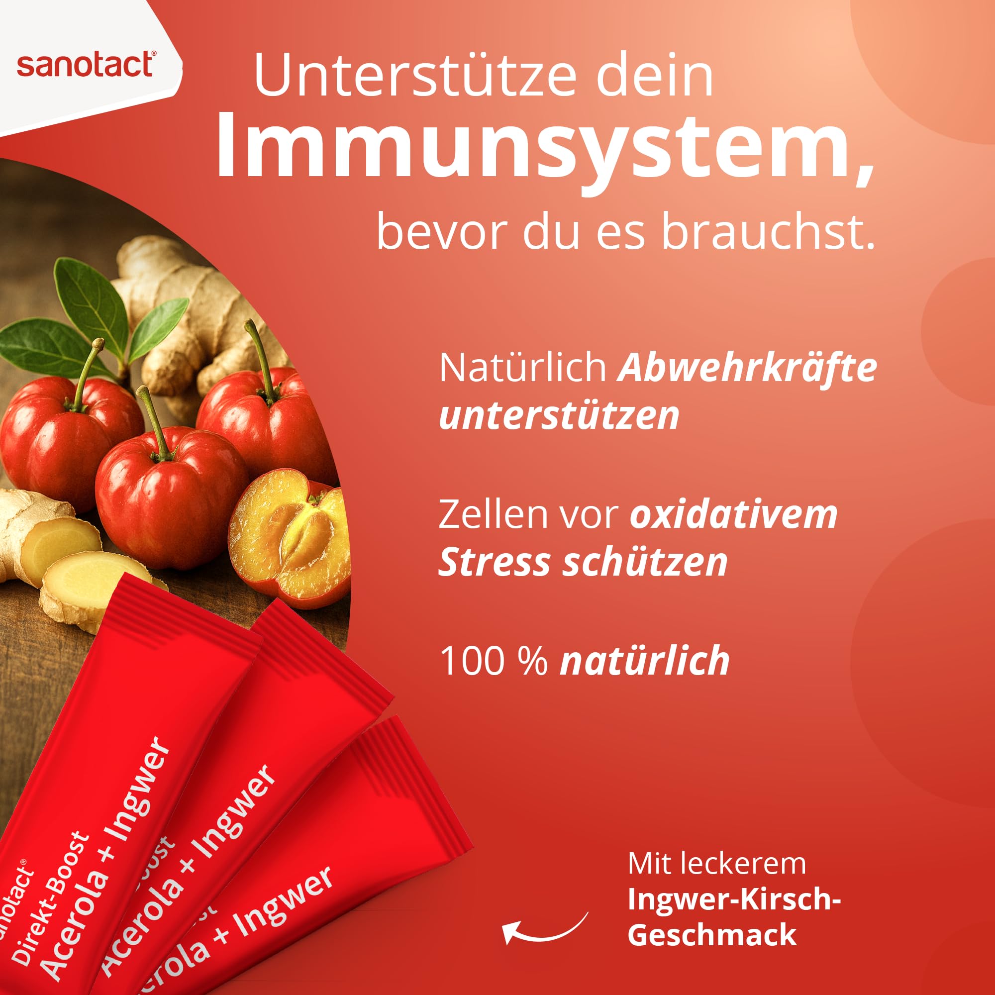 sanotact® Direkt-Boost Acerola + Ingwer | 20 Sticks | 180 mg natürliches Vitamin C aus Acerola | mit Ingwer-Extrakt | Immun­system & Zellschutz¹ | vegan, zuckerfrei, glutenfrei, laktosefrei 3