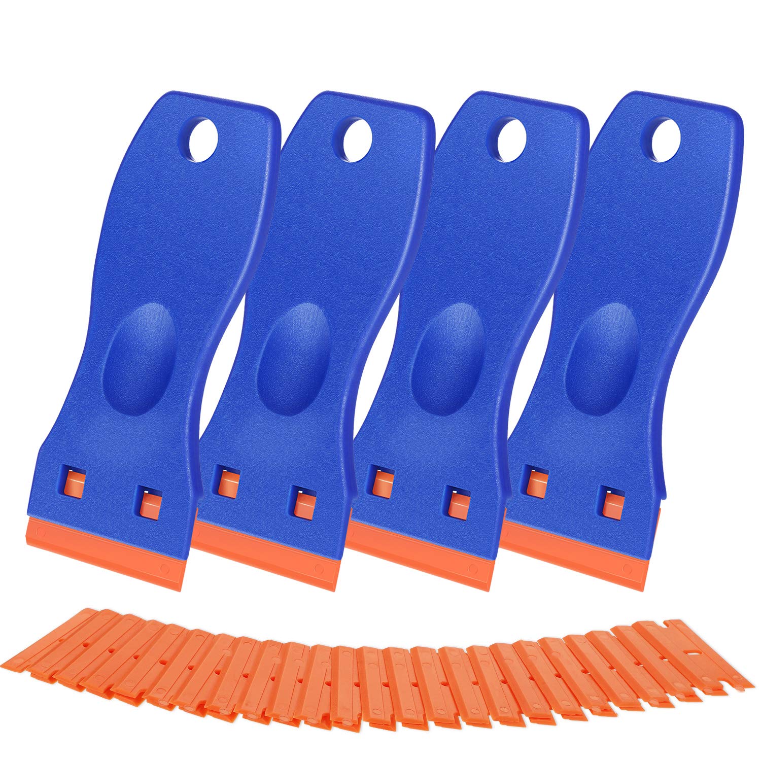 4 Pieces Plastic Razor Scraper Tools with 100 Pieces Plastic Razor Blades Sticker Remover Scraper for Stickers Labels Decals Window Cleaning