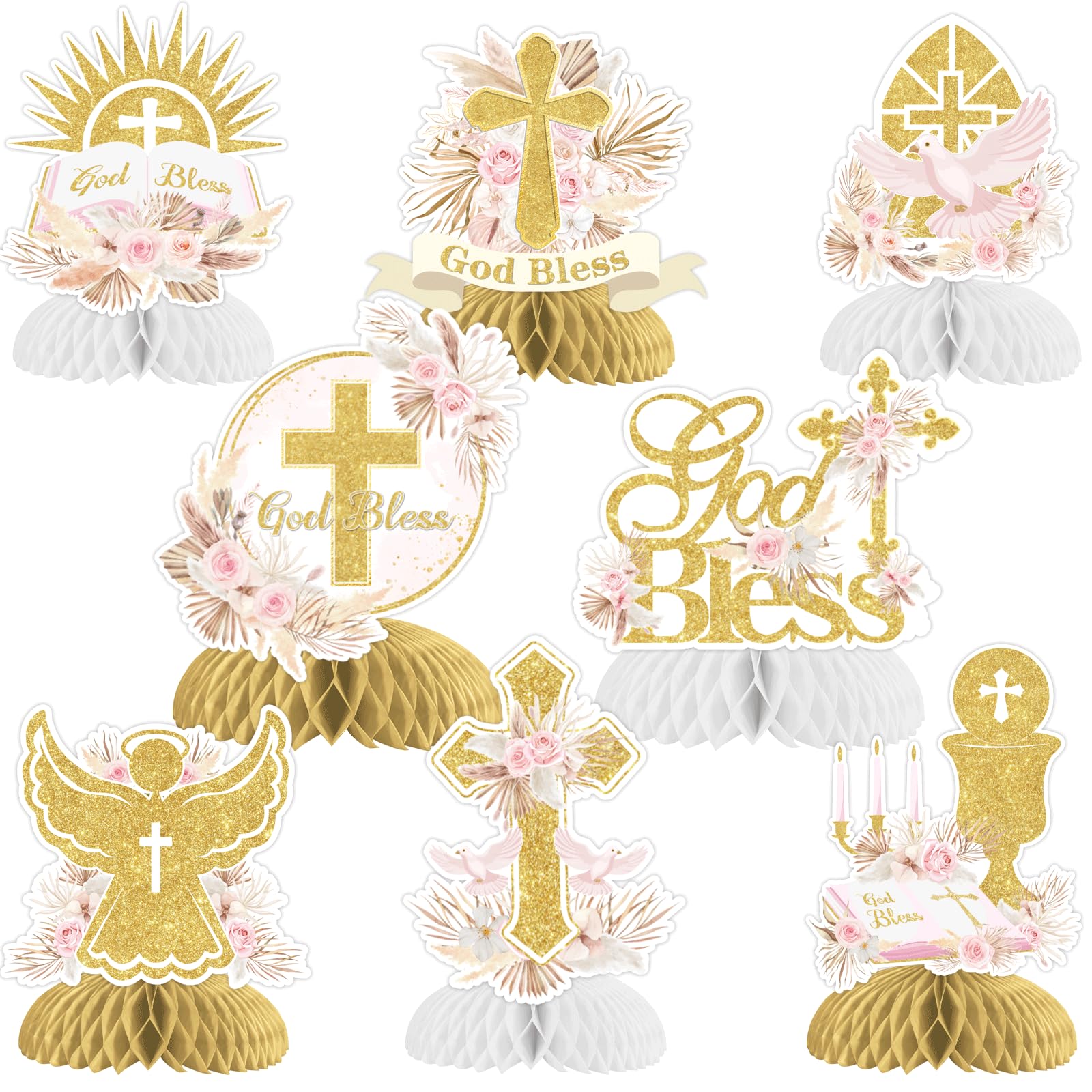 JOYMEMO 8 Pieces Baptism Honeycomb Centerpieces for Girls, Pampas Grass Baptism Table Decorations, Boho First Holy Communion Christening Confirmation Party Supplies