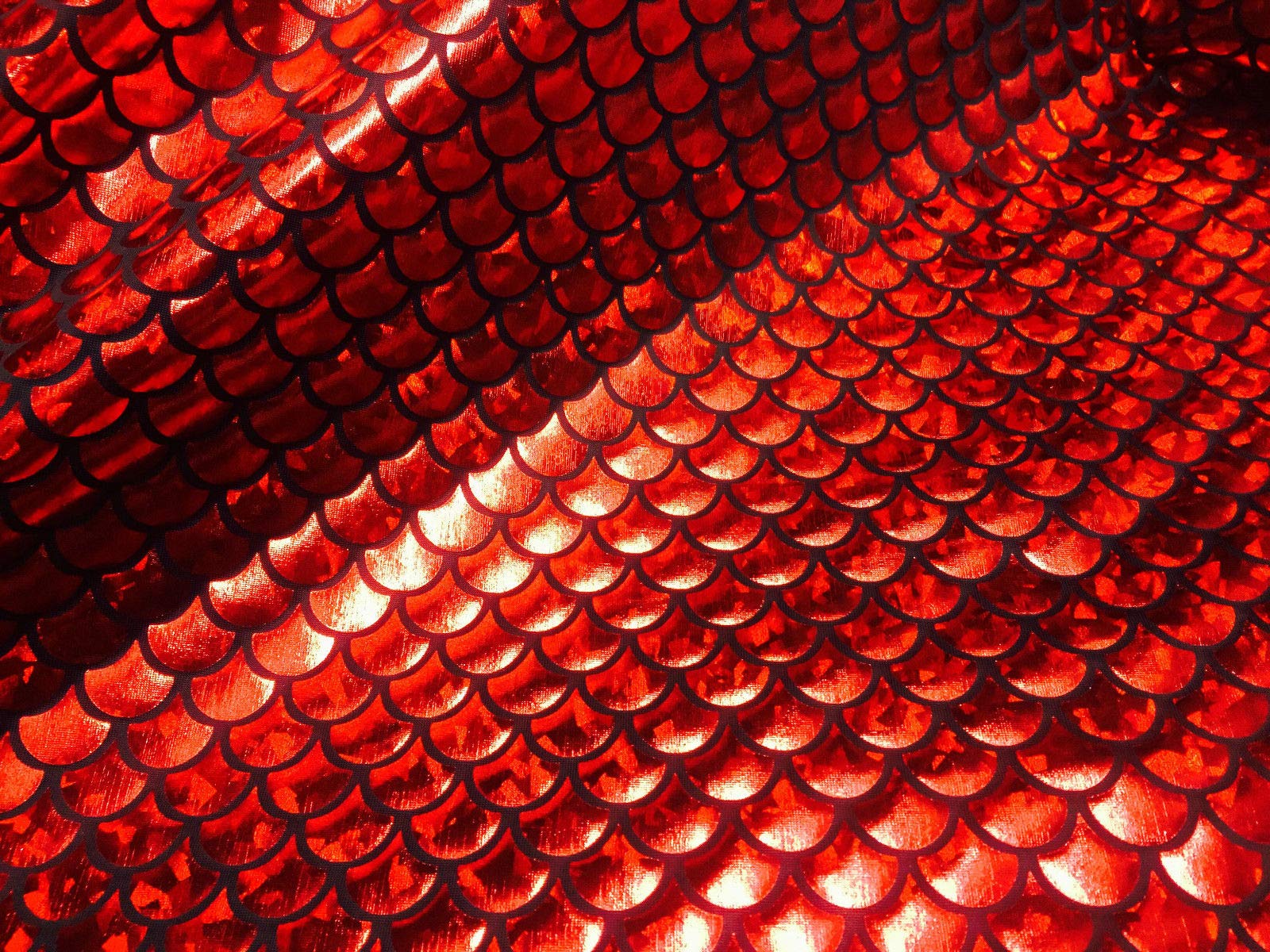 Mermaid Scale Print Fabric Fish Tale Scales Foil - 2 Way Stretch Material Lycra Spandex - Bikini, Costume, Dress, Decor - 145CM Wide (2 METRES, RED)