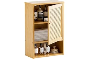 HITNET Rattan Bathroom Wall Cabinet, Bamboo Medicine Hanging Cabinet with Single Door and Adjustable Shelf, Over The Toilet S