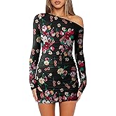 Prinbara Women's Mesh Long Sleeve Ruched Bodycon Off Shoulder Mini Dress 2025 Fall Sexy Cocktail Date Night Going Out Dresses