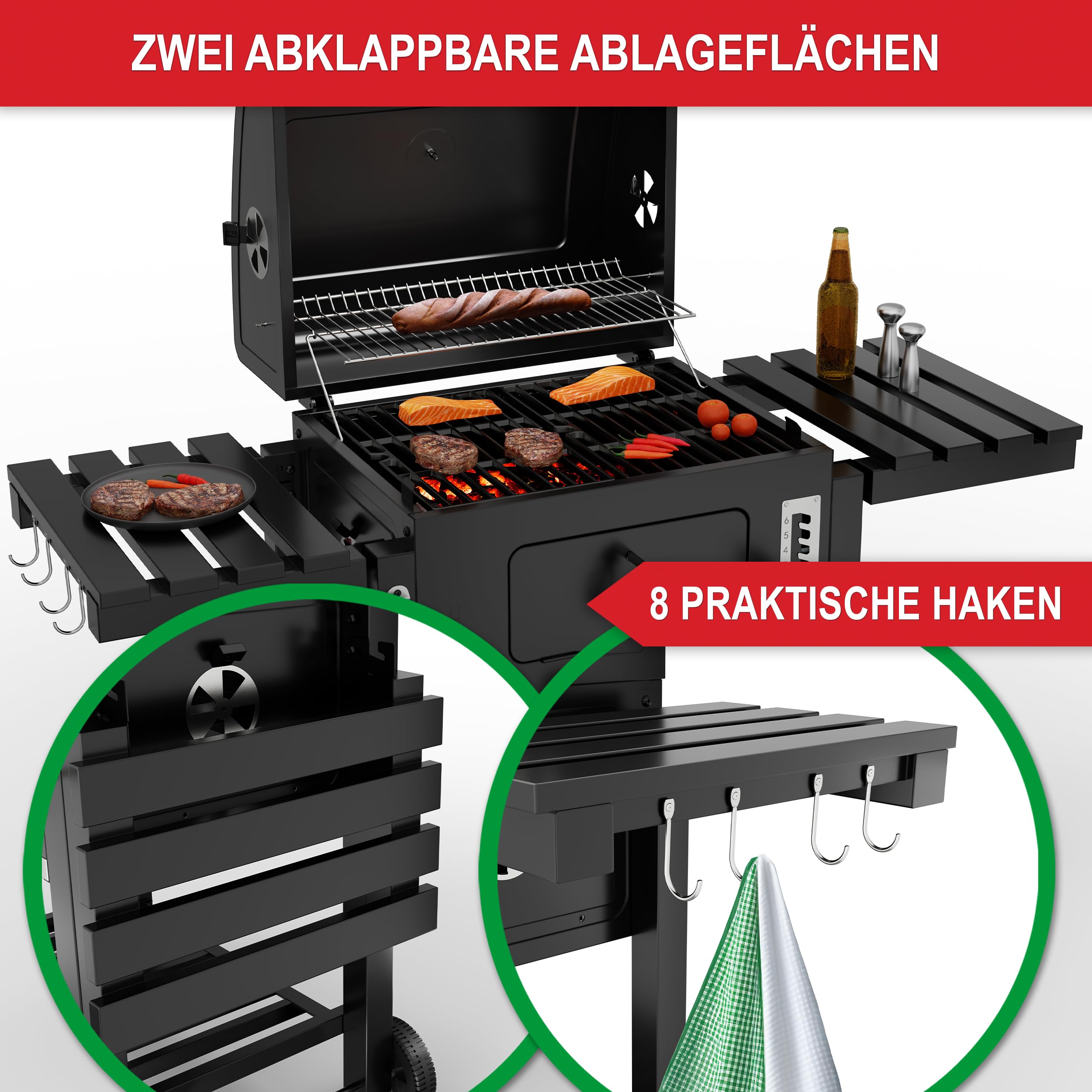 ONBEST Holzkohlegrill mit Grillrost aus Gusseisen – PLUS Abdeckung - XXL BBQ Grill mit Deckel – mobiler Grillwagen mit klappbaren Ablagen – Grillrostverstellung –Thermometer – Flaschenöffner 5