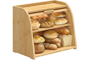 kiplant Bread Box for Kitchen Countertop, Large Bamboo Wood Bread Box, Wooden Corner Bread Storage Capacity