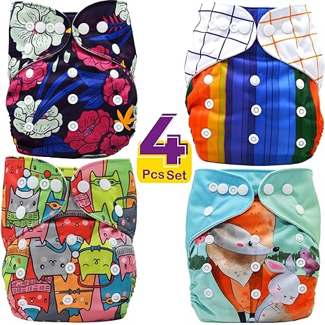 Bembika Cloth Diapers for Babies, Washable Reusable, Adjustable Sizes (Pack of 4 Combo) (No Inserts Included) 4C