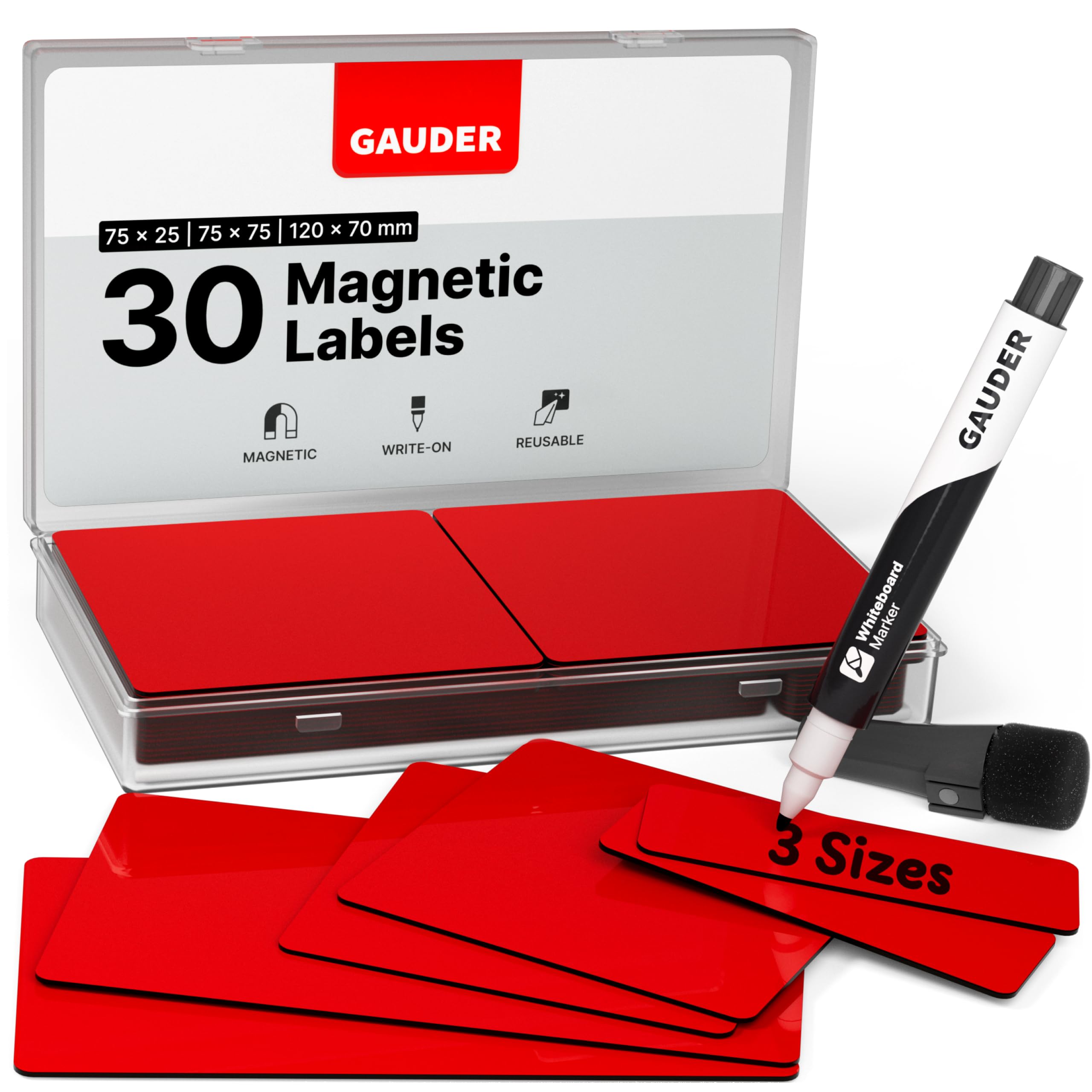 GAUDER Magnetic Labels Writable - Reusable Magnetic Tags for Whiteboard, Blackboard, Kanban Board and Fridge - Magnet Cards with Marker (30 Pieces - 3 Sizes)