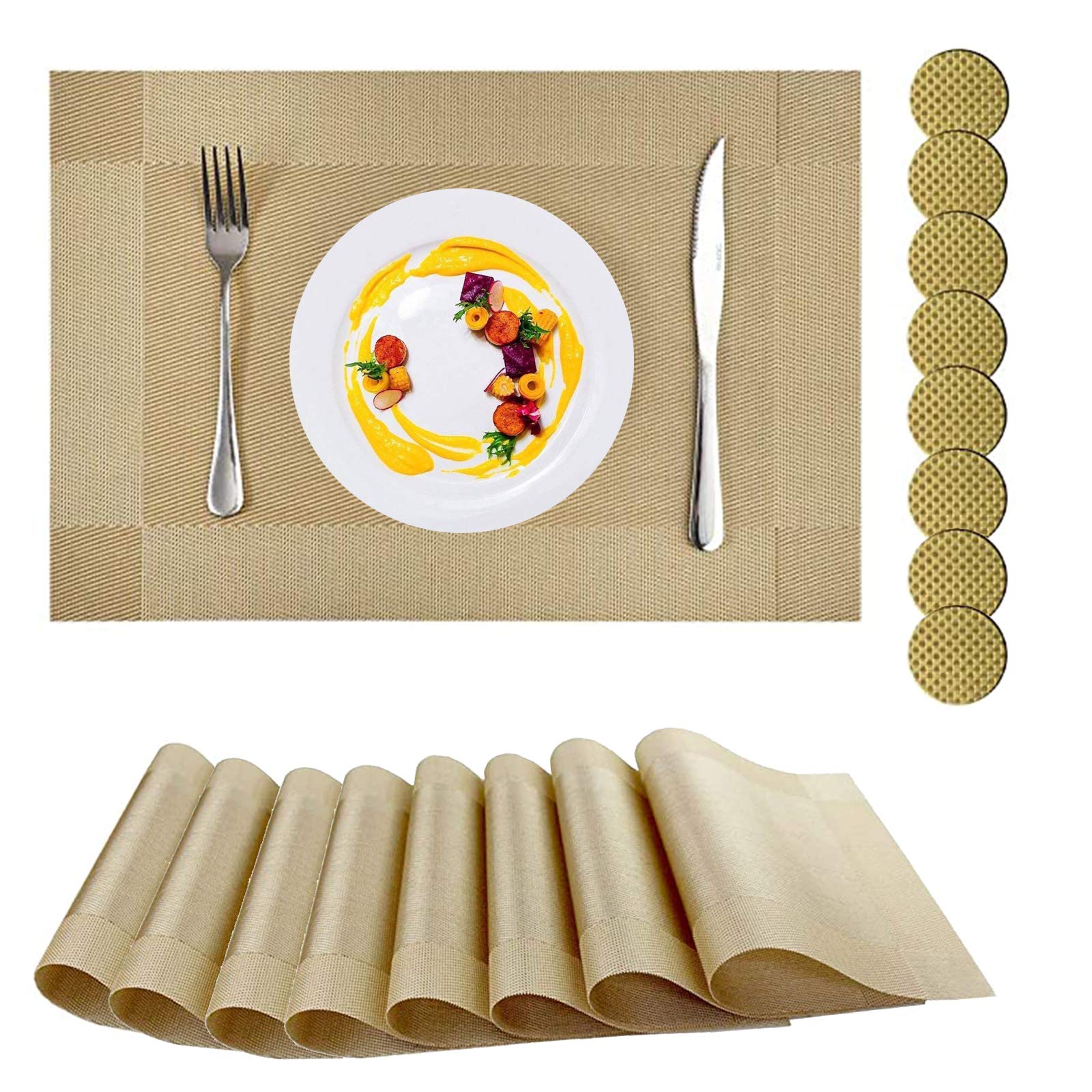 ConBlom Placemats, Placemats and Coaster Sets 8, PVC Heat-resistant Table Mats Set Washable with 8 x Non-slip Placemats + 8 x Round Coasters for Kitchen Dining Table (Set of 8, Gold)