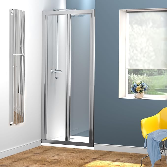 iBathUK 700 x 700 mm BiFold Glass Alcove Shower Enclosure Cubicle Doors with Tray Set iBathUK