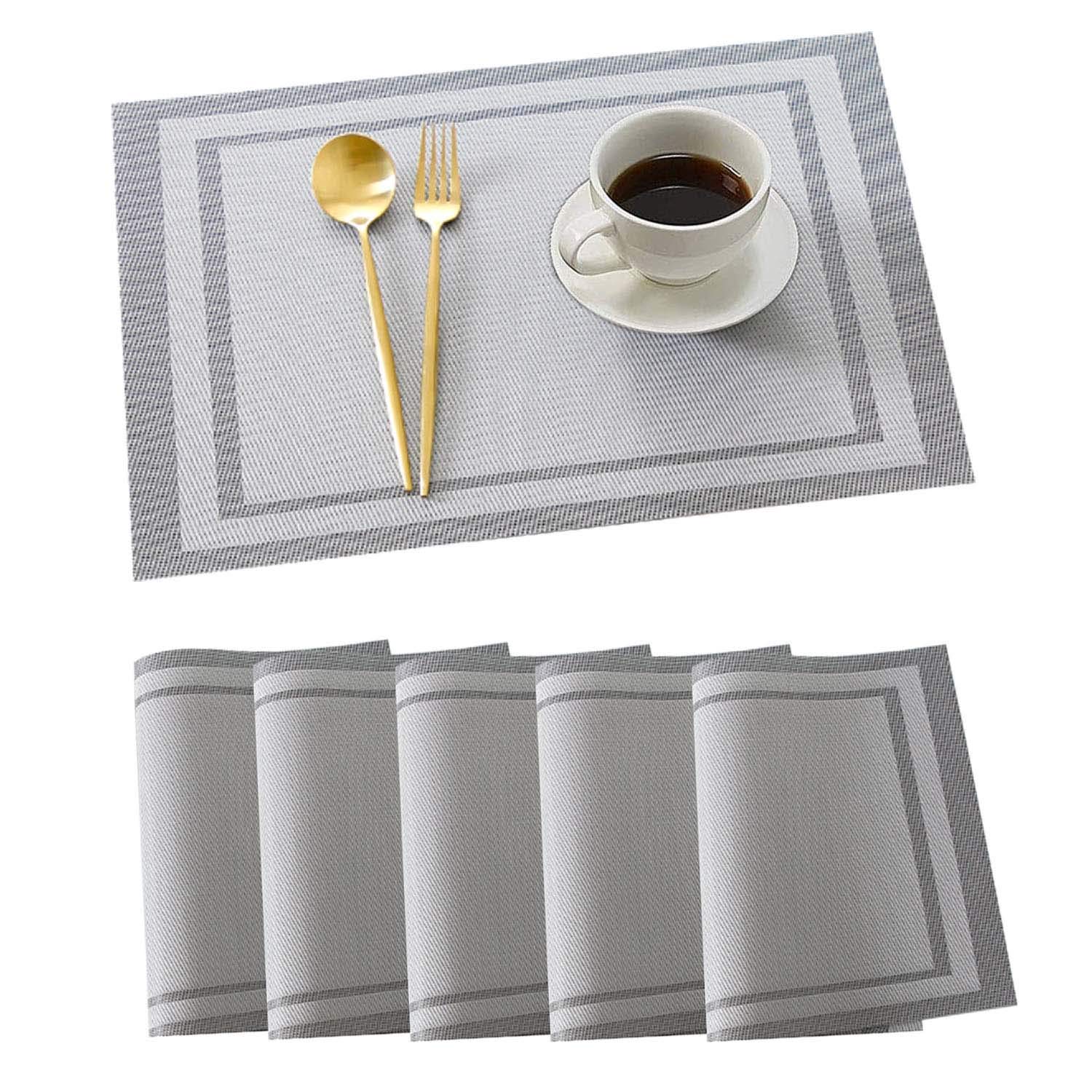 Place mats set of 6,Table Mats Non-slip Heat Resistant Dining Kitchen Table Mats Washable Crossweave Woven Vinyl table mats set of 6 (11.8 in x 17.7 in) (Silver stripes)