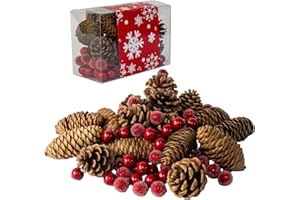 Cigoby 76PCS Pinecones Red Berries Set Christmas Vase Filler Pine Cones for Decorating Artificial Red Berries Balls Decoration Decorative Bowl Fillers for Centerpieces